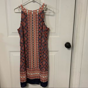 London Times Sheath Dress Sleeveless Lined Medallion Geometric Orange Navy White